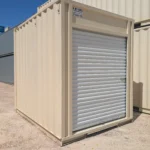 10 foot beige storage container with white roll up door