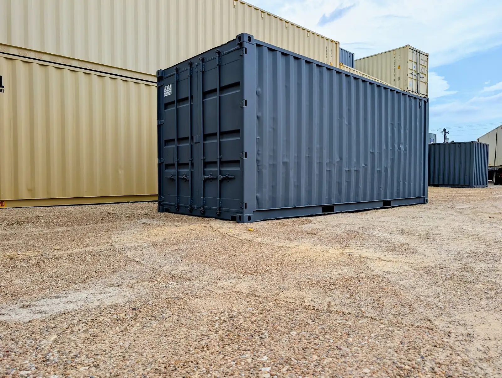 Side view of 20 foot dark gray refurbished container