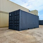 Front corner view of dark gray refurbished storage container